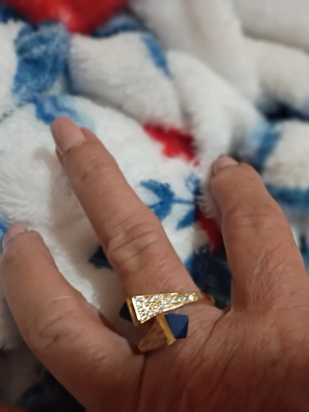 Gold-Tone Ring with Blue Stone and Pave Accents